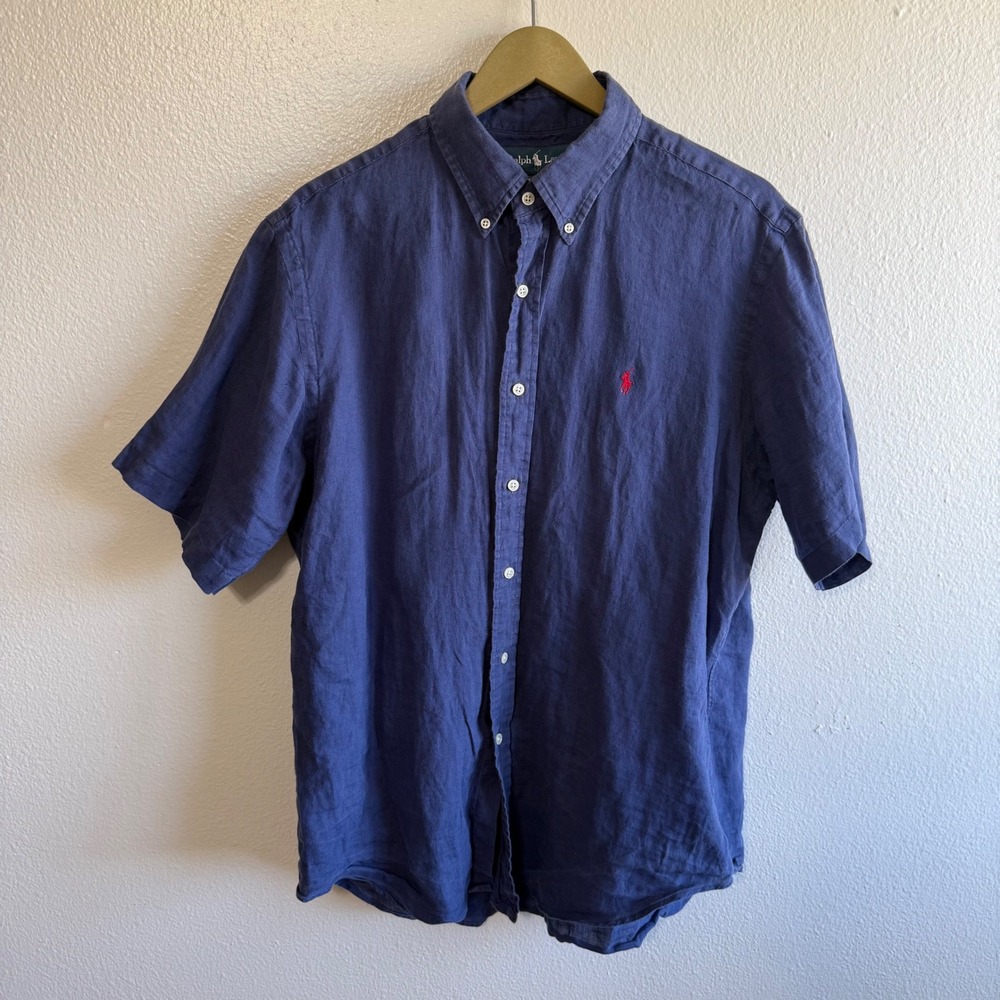 Ralph Lauren Men's Large Navy Blue Linen Classic Fit Short Sleeve Button Up